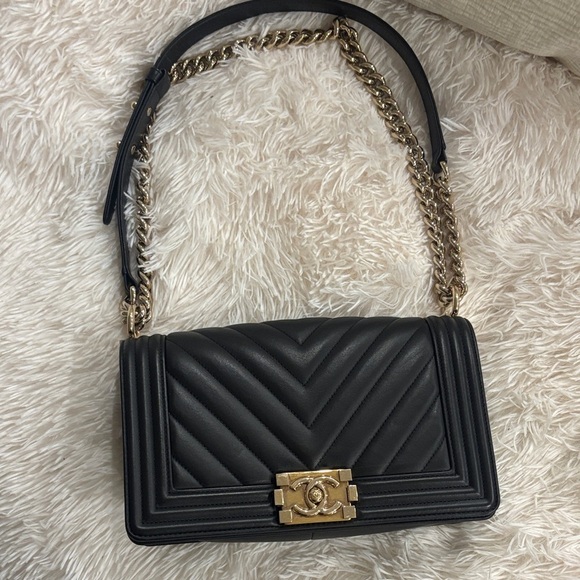 CHANEL Handbags - CHANEL Black Chevron Quilted LeBoy Bag with Gold Chain